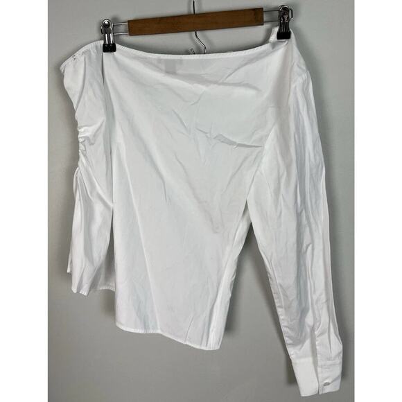 Halogen Poplin One Shoulder Top Long Sleeve Ruched White Shirt Size L Cotton - Picture 2 of 9